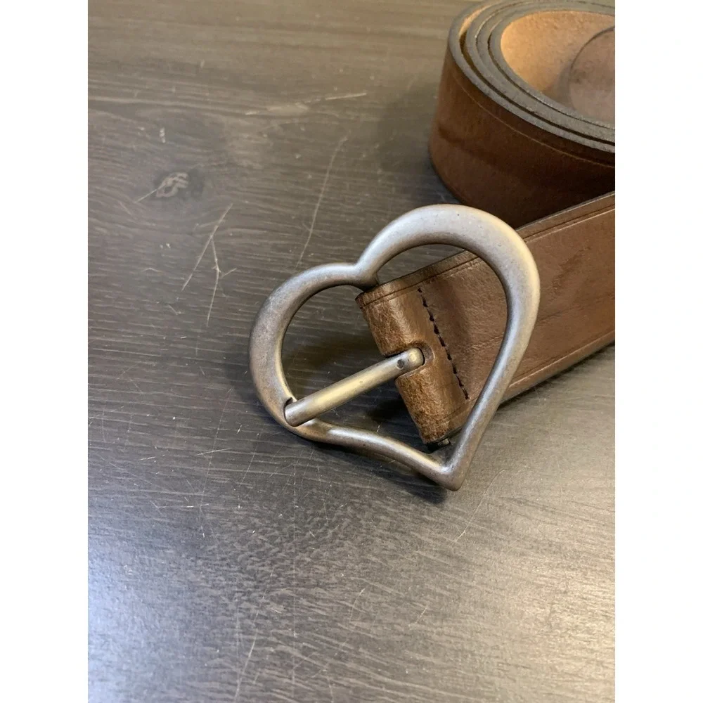 Heart Buckle Leather Belt Vintage Brown Silver tone buckle Sz 2X 40-44